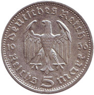 Монета 5 рейхсмарок. 1936 год, Германия (Третий Рейх). (D). Старый тип. Монета 5 рейхсмарок. 1936 год, Германия (Третий Рейх). (D). Старый тип.