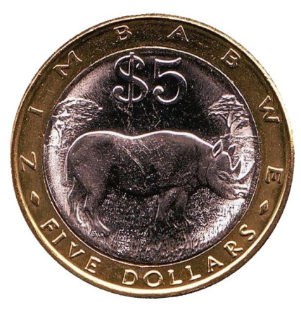 Монета 5 долларов. 2002 год, Зимбабве. UNC. Носорог.