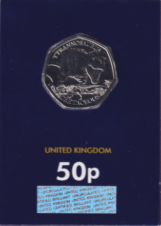 Монета 50 пенсов. 2024 год, Великобритания. Тираннозавр. В блистере.