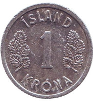 Монета 1 крона. 1977 год, Исландия. Монета 1 крона. 1977 год, Исландия.