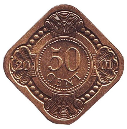 Монета 50 центов. 2001 год, Нидерландские Антильские острова. BU.