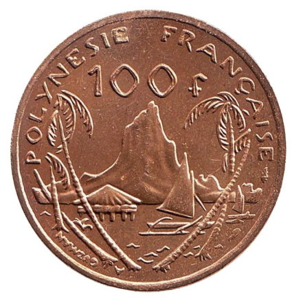 Монета 100 франков. 1986 год, Французская Полинезия. aUNC. Скалистый остров Муреа.