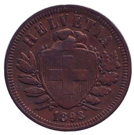 Монета 2 раппена. 1893 год, Швейцария. Монета 2 раппена. 1893 год, Швейцария.