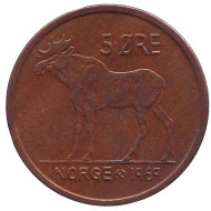 Монета 5 эре. 1969 год, Норвегия. Лось. Монета 5 эре. 1969 год, Норвегия. Лось.