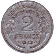 Монета 2 франка. 1945 год, Франция. Монета 2 франка. 1945 год, Франция.