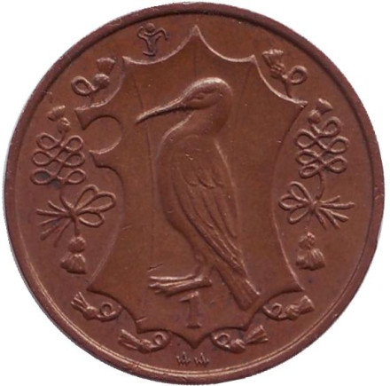Монета 1 пенни. 1985 год, Остров Мэн. (AA) Хохлатый баклан.