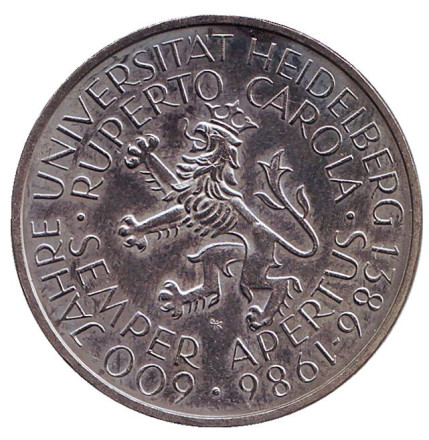 Монета 5 марок. 1986 год (D), ФРГ. Из обращения. 600 лет Гейдельбергскому университету.
