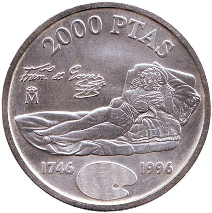 Монета 2000 песет. 1996 год, Испания. 250 лет со дня рождения Франсиско Гойя. "Маха одетая".