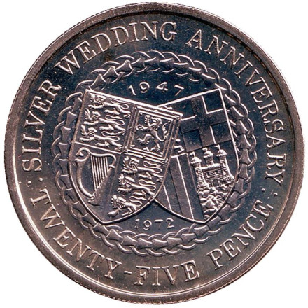 Монета 25 пенсов. 1972 год, Остров Мэн. 25 лет свадьбе Королевы Елизаветы II и Принца Филиппа.