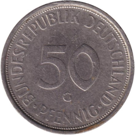 Монета 50 пфеннигов. 1974 (G) год, ФРГ. Женщина, сажающая дуб. Монета 50 пфеннигов. 1974 (G) год, ФРГ. Женщина, сажающая дуб.