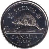 Монета 5 центов, 2025 год, Канада. Бобр. Карл III. Монета 5 центов, 2025 год, Канада. Бобр. Карл III.