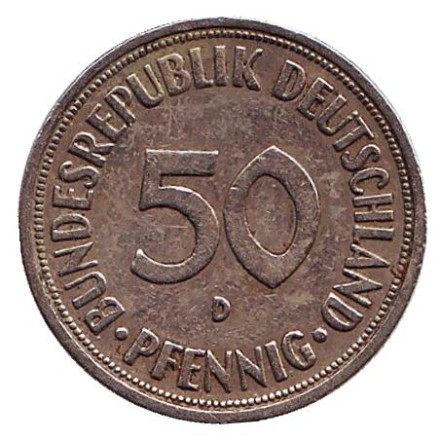 Монета 50 пфеннигов. 1966 (D) год, ФРГ. Женщина, сажающая дуб. Монета 50 пфеннигов. 1966 (D) год, ФРГ. Женщина, сажающая дуб.