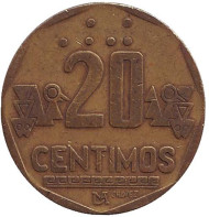 Монета 20 сентимов. 1992 год, Перу. Монета 20 сентимов. 1992 год, Перу.