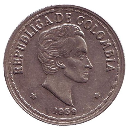 Монета 20 сентаво. 1959 год, Колумбия. Монета 20 сентаво. 1959 год, Колумбия.