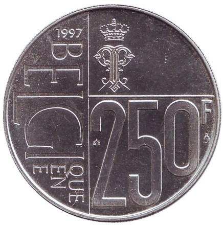 Монета 250 франков. 1997 год, Бельгия. 60 лет со дня рождения Королевы Паолы. Монета 250 франков. 1997 год, Бельгия. 60 лет со дня рождения Королевы Паолы.
