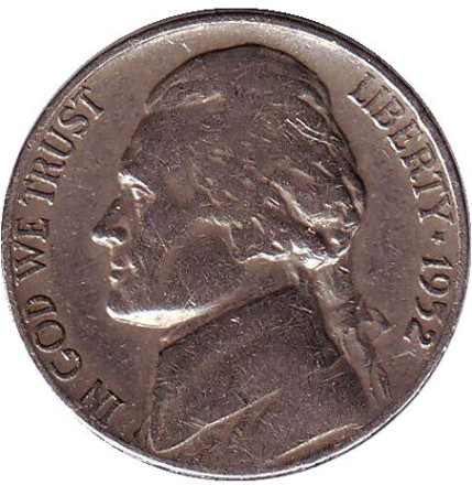 Монета 5 центов. 1952 год (D), США. Джефферсон. Монтичелло.