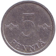 Монета 5 пенни. 1987 год, Финляндия. Монета 5 пенни. 1987 год, Финляндия.