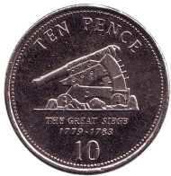 Монета 10 пенсов. 2012 год, Гибралтар. Большая осада Гибралтара. Пушка.