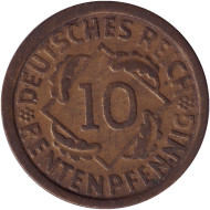Монета 10 рентенпфеннигов. 1924 (F) год, Веймарская республика. Монета 10 рентенпфеннигов. 1924 (F) год, Веймарская республика.