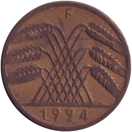Монета 10 рентенпфеннигов. 1924 (F) год, Веймарская республика.