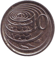 Монета 10 центов. 1977 год, Каймановы острова. Зелёная черепаха.