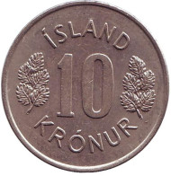 Монета 10 крон. 1975 год, Исландия. Монета 10 крон. 1975 год, Исландия.