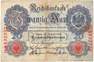 Рейхсбанкнота 20 марок. 1910 год, Германская империя. Рейхсбанкнота 20 марок. 1910 год, Германская империя.