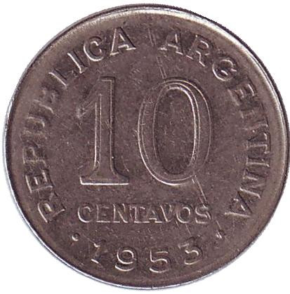 Монета 10 сентаво. 1953 год, Аргентина. Генерал Хосе де Сан-Мартин. Монета 10 сентаво. 1953 год, Аргентина. Генерал Хосе де Сан-Мартин.