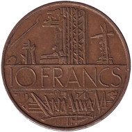 Монета 10 франков. 1975 год, Франция. Монета 10 франков. 1975 год, Франция.