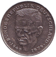 Курт Шумахер. Монета 2 марки. 1990 год (F), ФРГ.