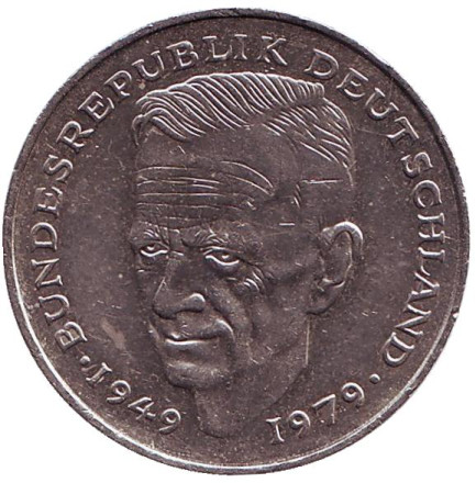 Монета 2 марки. 1990 год (F), ФРГ. Курт Шумахер.