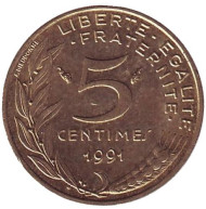 Монета 5 сантимов. 1991 год, Франция. Монета 5 сантимов. 1991 год, Франция.
