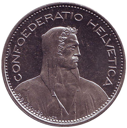 Монета 5 франков. 1983 год, Швейцария. Вильгельм Телль.