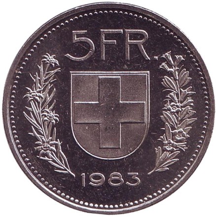 Монета 5 франков. 1983 год, Швейцария. Вильгельм Телль. Монета 5 франков. 1983 год, Швейцария. Вильгельм Телль.