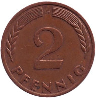Монета 2 пфеннига. 1969 год (G), ФРГ. Дубовые листья. Монета 2 пфеннига. 1969 год (G), ФРГ. Дубовые листья.