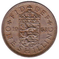 Монета 1 шиллинг. 1963 год, Великобритания. (Герб Англии).