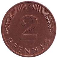 Монета 2 пфеннига. 1990 год (D), ФРГ. Дубовые листья. Монета 2 пфеннига. 1990 год (D), ФРГ. Дубовые листья.