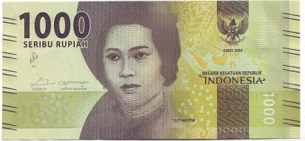 Банкнота 1000 рупий. 2016 год, Индонезия. Тжут Меутия.