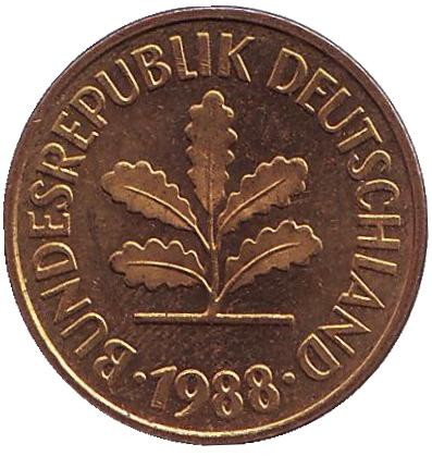 Монета 5 пфеннигов. 1988 год (F), ФРГ. Дубовые листья.