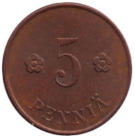 Монета 5 пенни. 1927 год, Финляндия. Монета 5 пенни. 1927 год, Финляндия.