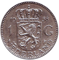 Монета 1 гульден. 1958 год, Нидерланды.
