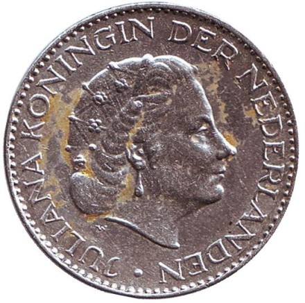 Монета 1 гульден. 1958 год, Нидерланды. Монета 1 гульден. 1958 год, Нидерланды.