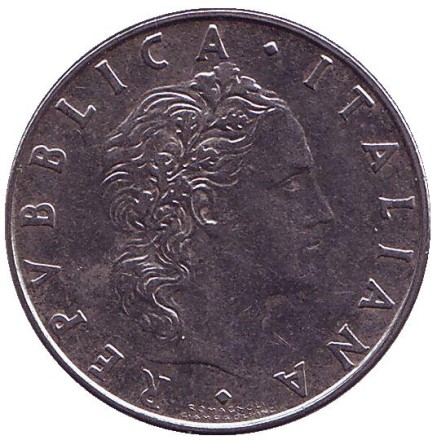 Монета 50 лир. 1988 год, Италия. Бог огня Вулкан у наковальни.