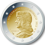 Монета 2 евро, 2012 год, Монако. 500 лет независимости Монако. Люсьен I Гримальди. Монета 2 евро, 2012 год, Монако. 500 лет независимости Монако. Люсьен I Гримальди.