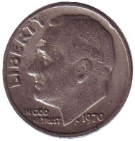 Монета 10 центов. 1970 год, США. Рузвельт. Монета 10 центов. 1970 год, США. Рузвельт.