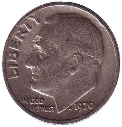 Монета 10 центов. 1970 год, США. Рузвельт.