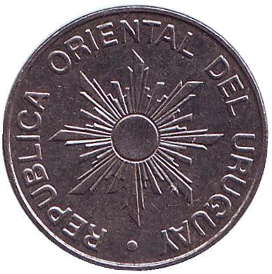 Монета 10 новых песо. 1989 год, Уругвай.