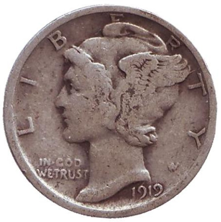 Монета 10 центов. 1919 год, США. Без обозначения монетного двора. Меркурий.