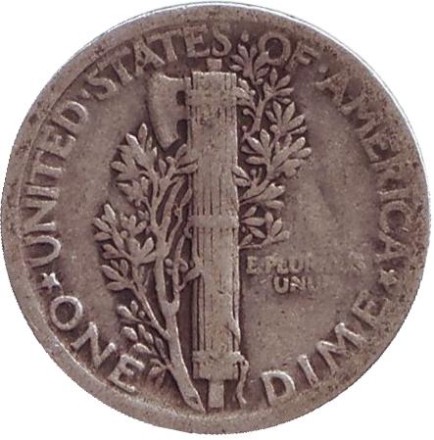 Монета 10 центов. 1919 год, США. Без обозначения монетного двора. Меркурий.