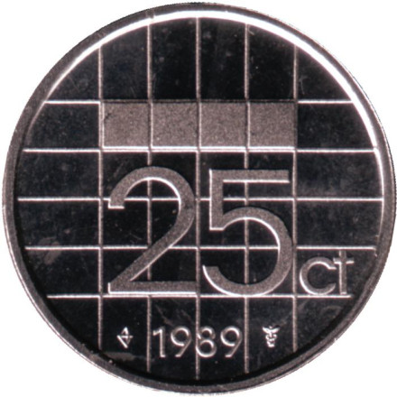 Монета 25 центов. 1989 год, Нидерланды. UNC.